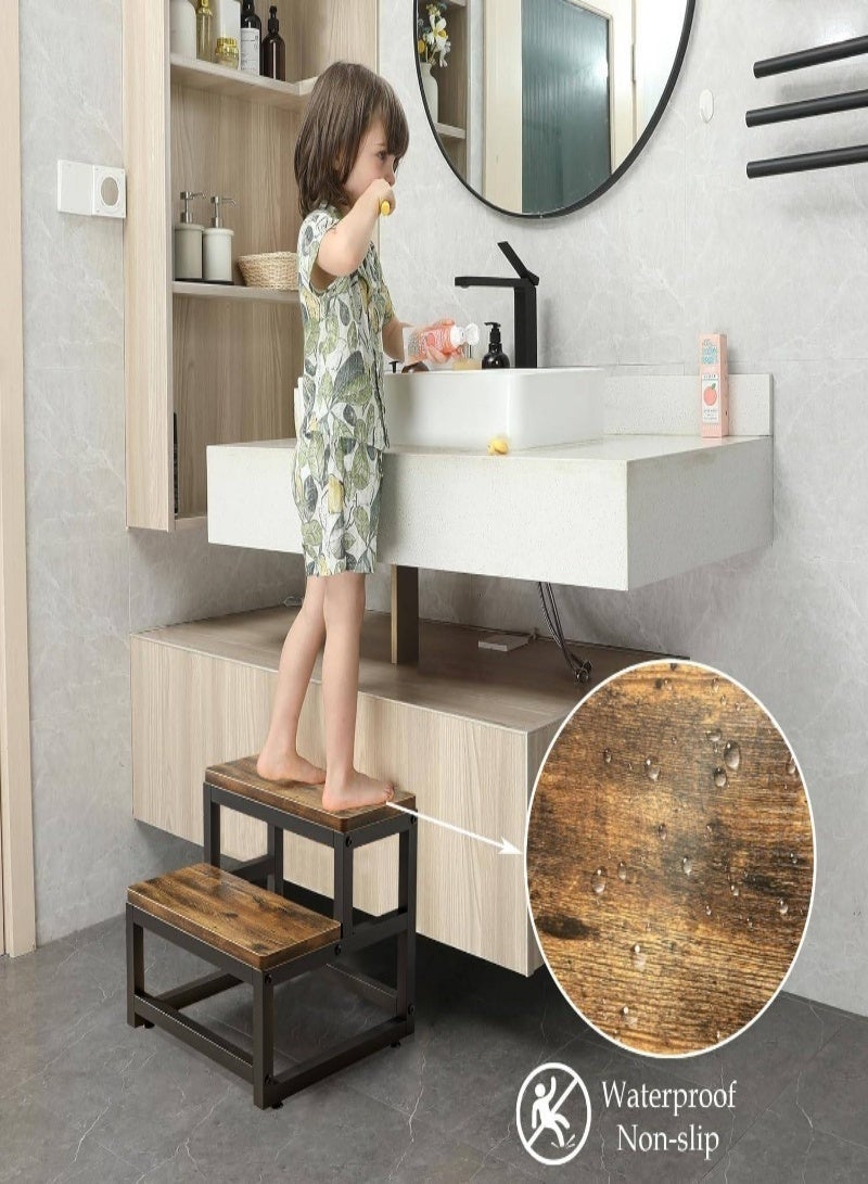 Wooden Step Stools for Adults/Kids, 2 Step Stool - Sturdy Bed Step Ladder, Kitchen Stool, Footrest for Seniors,  Durable Furniture for Bedside, Kichen,Entryway, Bathroom ( Brown) - Image 2